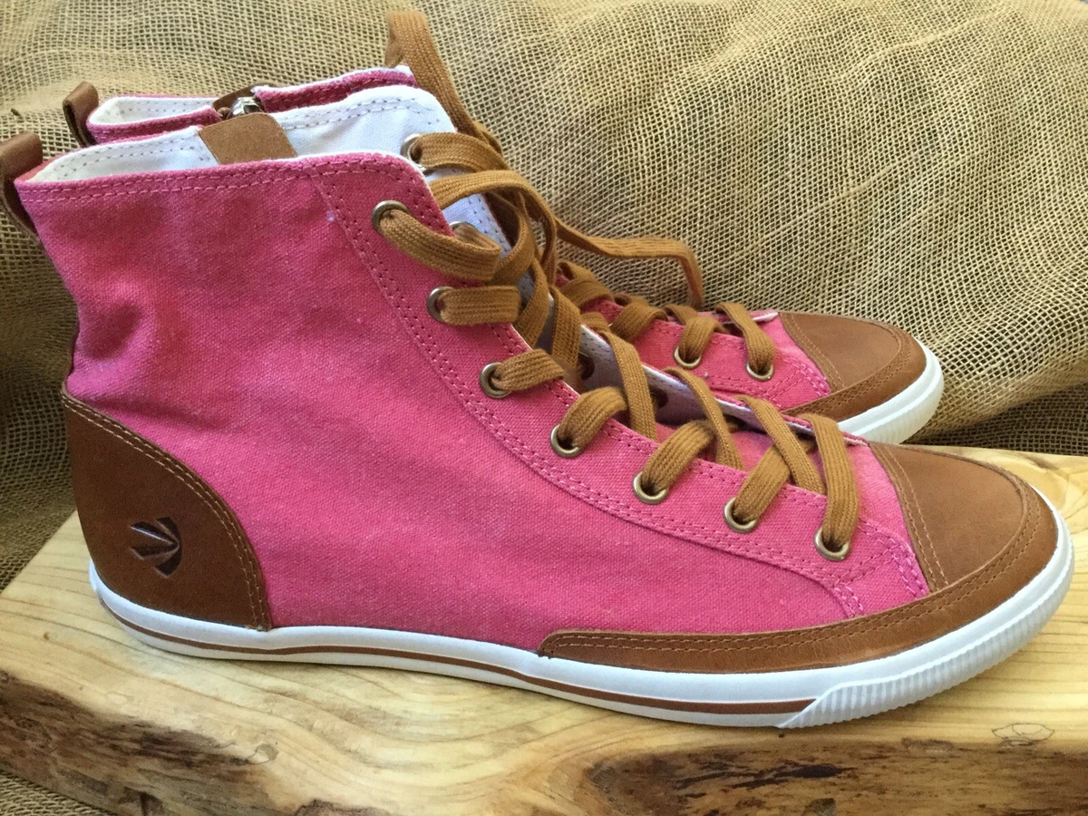 BURNETIE High Top Sneakers Womens 10M Hot Pink Canvas Leather ZIP Lace Up NEW