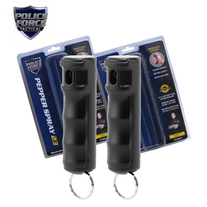 2 Pack POLICE FORCE 1/2 oz Pepper Spray Molded KeyChain w/ Flip Top - BLACK