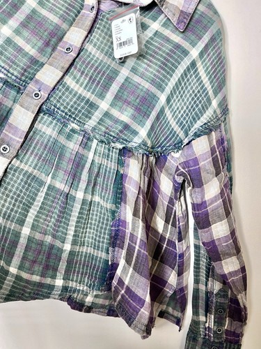 FREE PEOPLE Purple Green Plaid Tartan 100% Cotton Shirt Top Size XS UK 6 8 10 - Picture 7 of 10