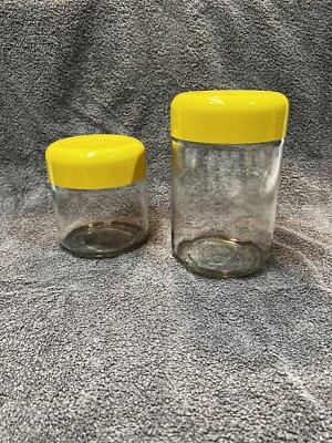 2 Vintage Heller Designs Massimo Vignelli Glass Canisters W/ Yellow Plastic lids
