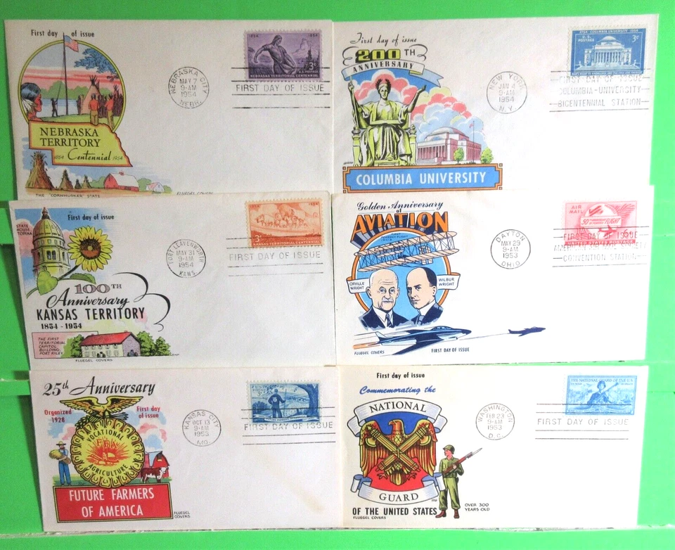 1953-1954 FLUEGEL CACHET FDC LOT OF 6, UA, CLEAN, C47, 1017, 1024, 1029, 1060-61 - Image 2 of 2
