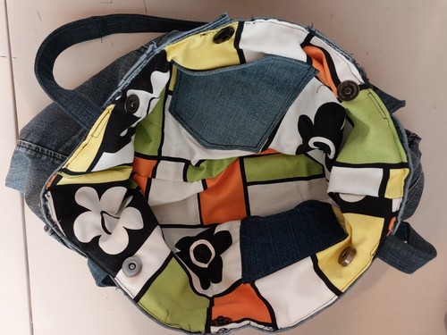 Upcycled Jeans Denim Bag With Flower Patch Accents - Handmade - Picture 3 of 3