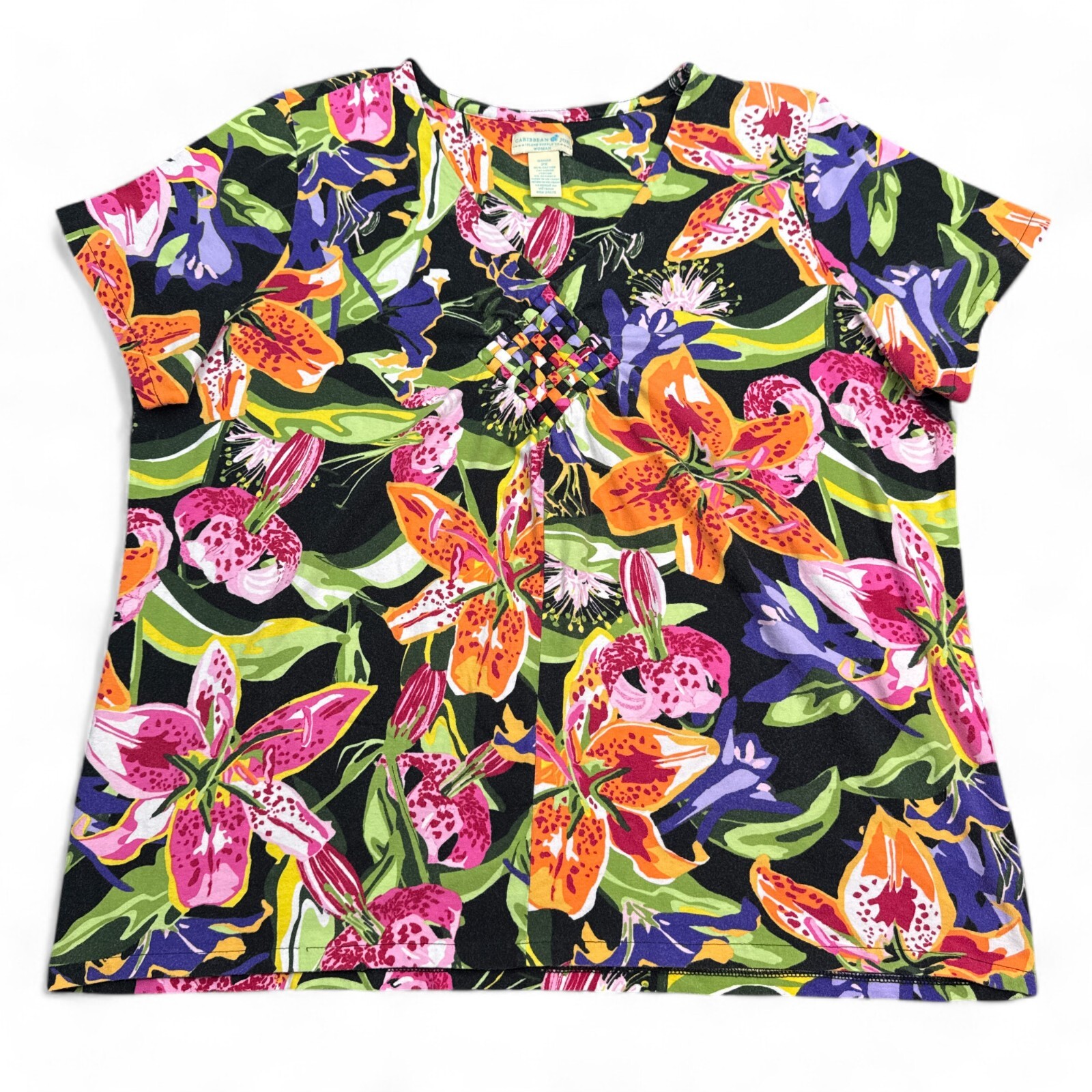 Caribbean Joe Top Womens Plus Size 2X Multicolor Tropical Floral Stretch