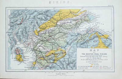 Antike geologische Karte Schottland SCHOTTISCHE KOHLEFELDER Original Farbdruck 1885