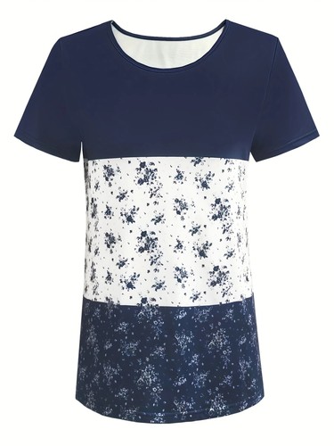PLUS SIZE 20 22 24 26 NAVY WHITE FLORAL SILKY T SHIRT TOP BLOUSE STRETCHY - Picture 2 of 3