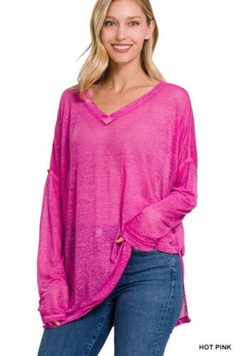 Zenana Melange Burnout Dolman Sleeve V-Neck Top - Picture 3 of 8