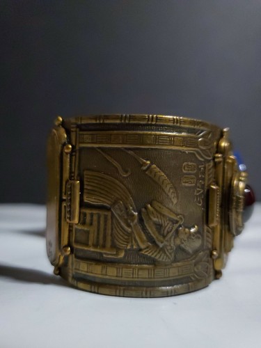 Egyptian Revival Antiqued Brass Vintage Bavarian Glass Cuff Bracelet by Patrice - Picture 5 of 10