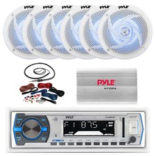Pyle Bluetooth Marine Receiver, 6x 5.25" Blue LED Speakers, Amp w/Kit, Antenna
