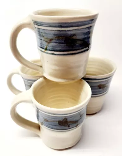 Set 4 Handmade Stoneware Pottery Coffee Mugs Off White Blue Brown Organic 8oz