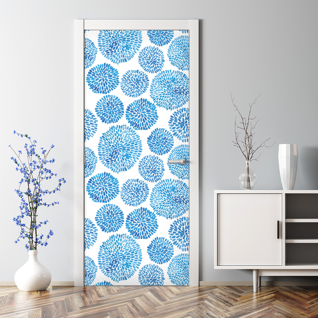 Japanese flower pattern circles blue subtle Home Decor Self-Adhesive Door Decal