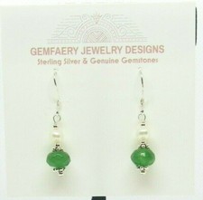 Sterling Silver Faceted EMERALD PEARL Dangle Earrings 5728...Handmade USA