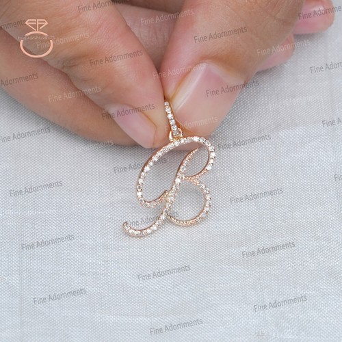 Solid 14k Rose Gold B Initial Pendant Pave Diamond B Alphabet Charm Jewelry New - Picture 10 of 12