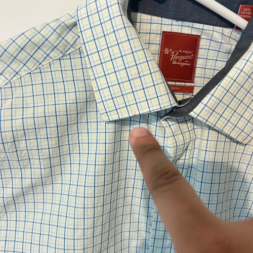 Penguin Mens Dress Shirt Size 14.5 32/33 White Check Long Sleeve Slim Fit - Picture 2 of 8