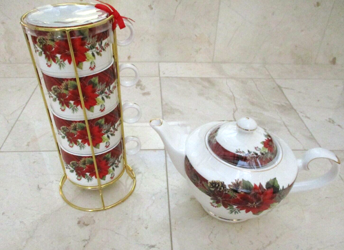 NEW GRACE TEAWARE POINSETTIA FINE PORCELINE SET INCLUDING TEA POT AND 4 TEA MUGS - 第 1/12 張圖片
