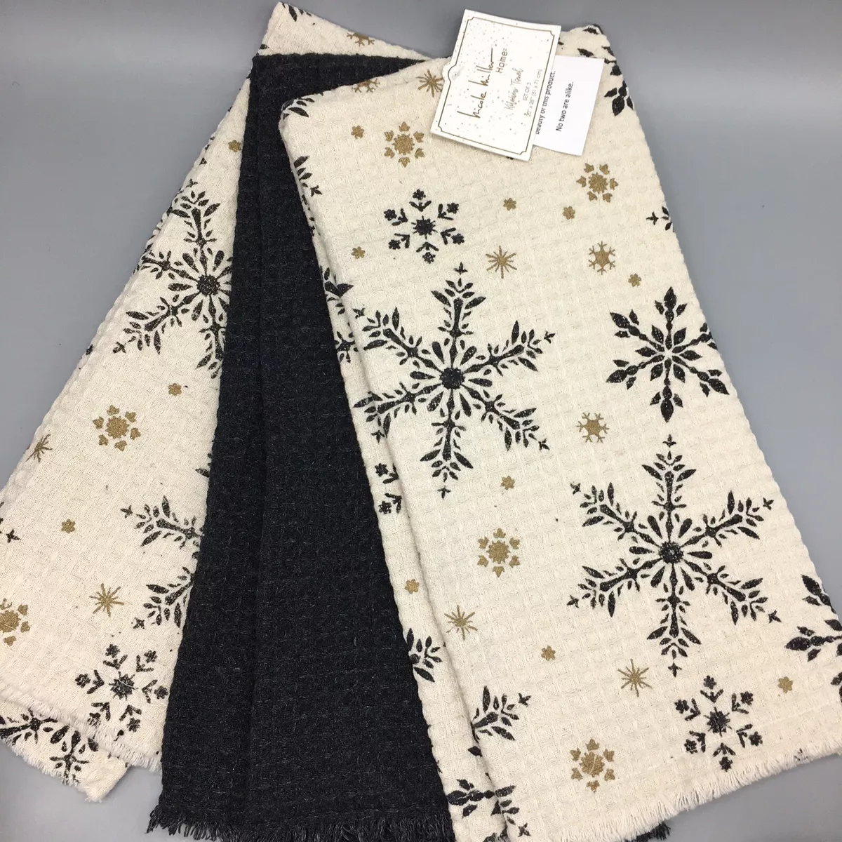 x3 Nicole Miller Black Snowflake Kitchen Towel Set Waffle Knit Christmas  Holiday