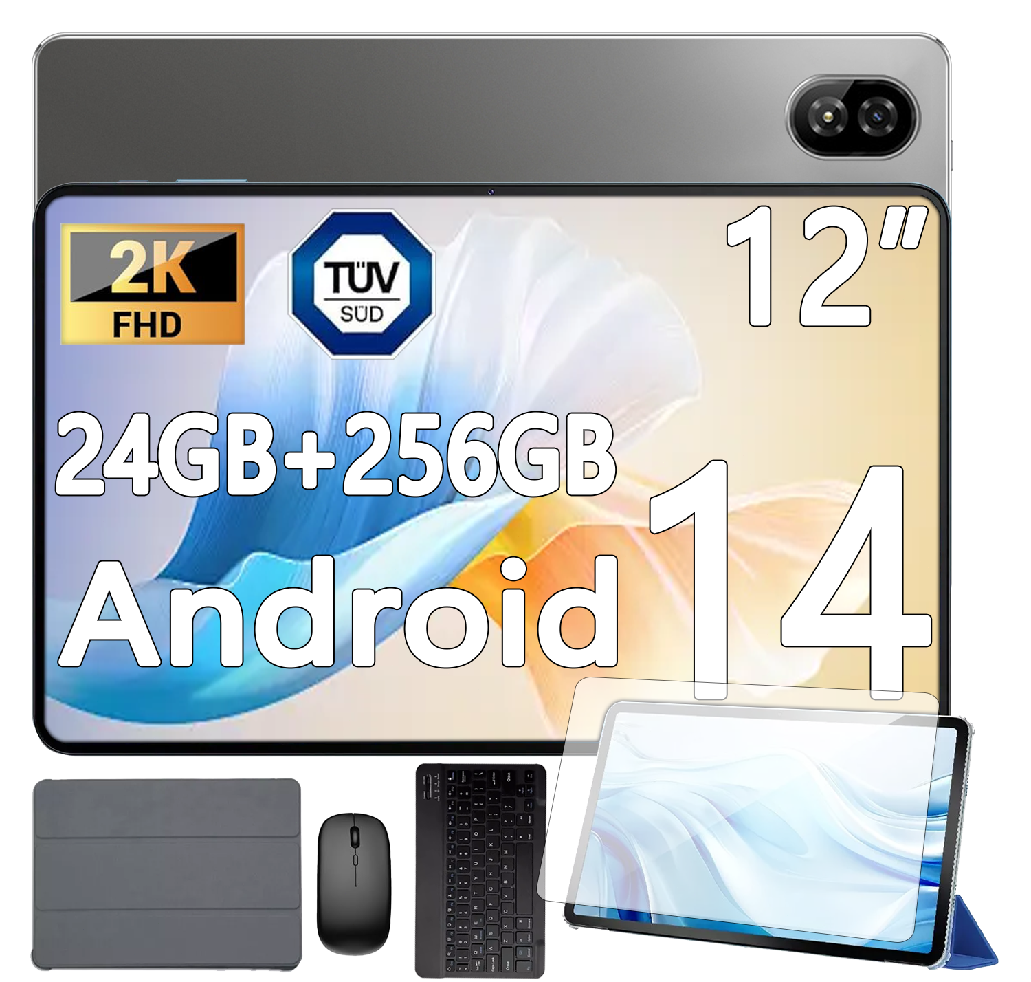 12-inch 2K Android 14 Tablet with MTK 8183 Octa-Core 2.0GHz, 24GB RAM, 256GB for Gaming