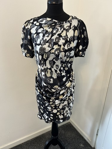 Balenciaga Black Abstract Print Silk Dress FR40 UK 8 Bateau Neckline Gathered