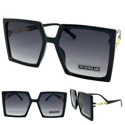 Oversize Classy Elegant Vintage Retro Style SUNGLASSES Square Black & Gold Frame