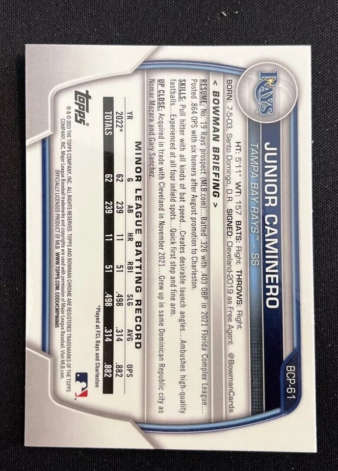 2023 Bowman Chrome Prospects Junior Caminero BCP61 RC Tampa Bay Rays