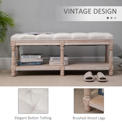 2-Tier Bed End Bench, Vintage Stool, Wooden Window Seat with Storage Shelf, Butt - Picture 4 of 11