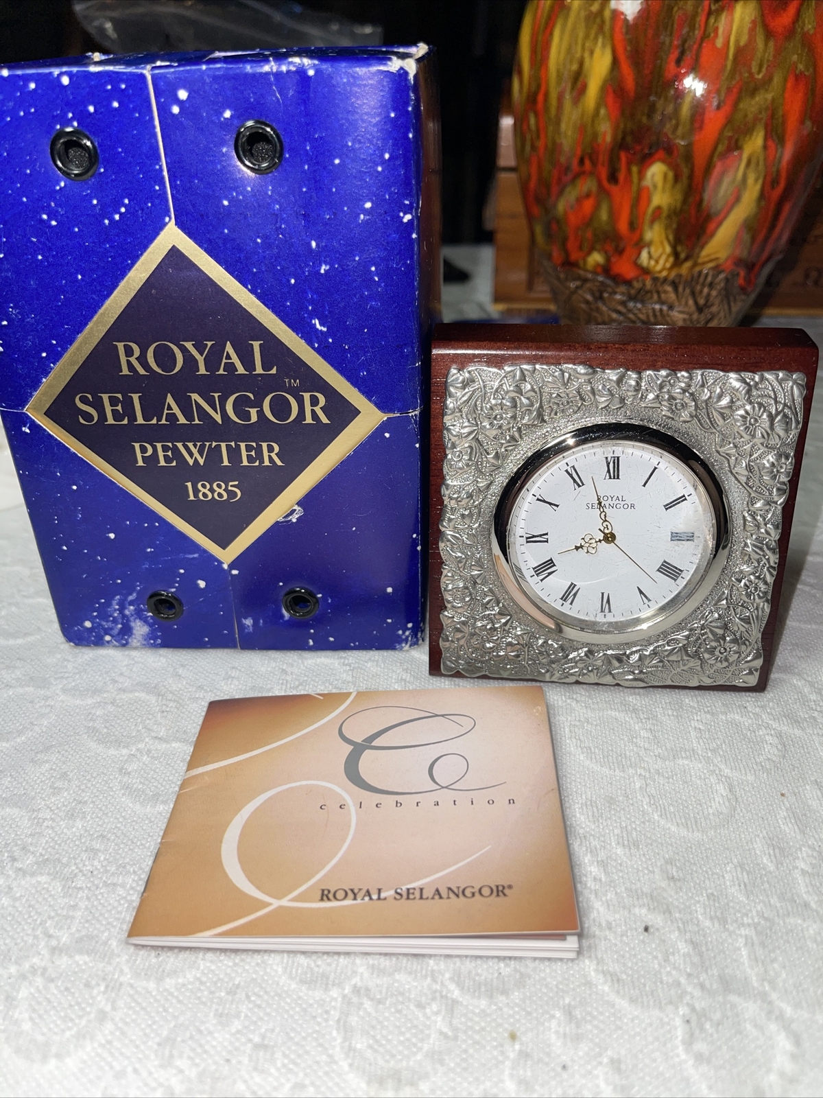 Royal Selangor Pewter front Table Clock decorated with flowers and leaves
