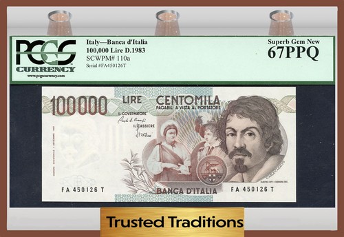 TT PK 110a 1983 ITALY 100000 LIRE CARAVAGGIO PCGS 67 PPQ SUPERB GEM NEW