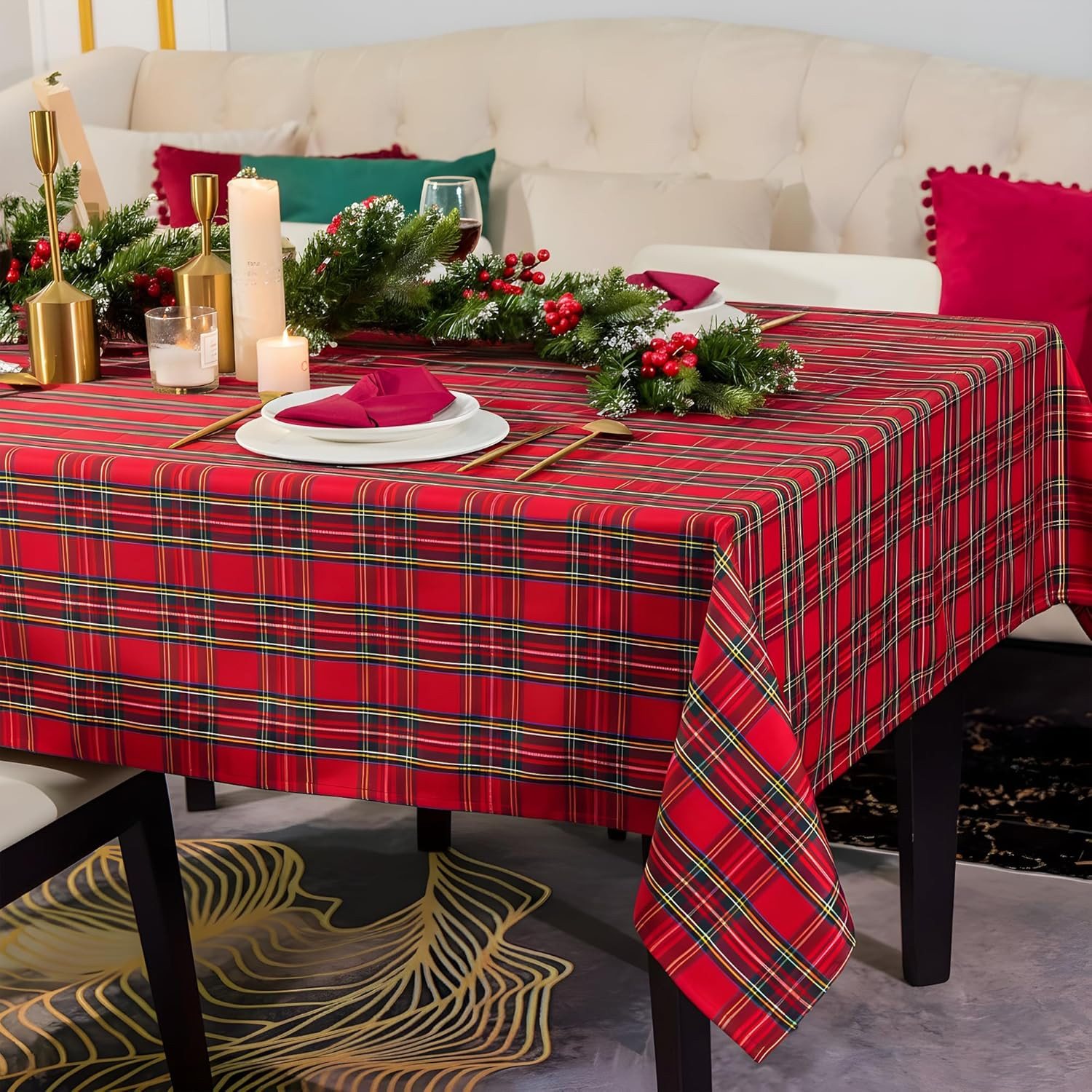 Christmas Red Plaid Waterproof Tablecloth, Classic Woven Check, W60 x L84 In