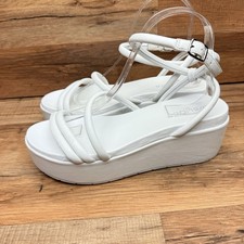 J Slides Metallic Leather Platform Sandals 8 Strappy Wedge White