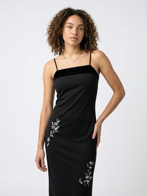 John Paul Richard Black Dress Velvet Bodice Embroidered Floral Size M Petites