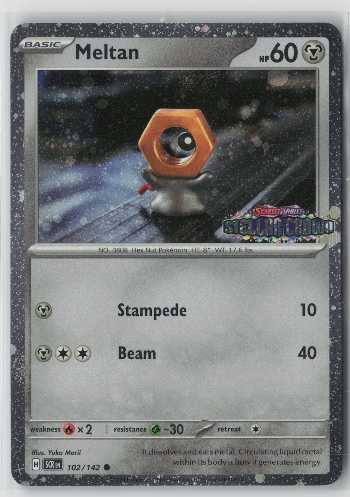 Meltan 102/142 Stellar Crown Stamped Cosmos Holo Yuka Morii Pokemon Card NM 1