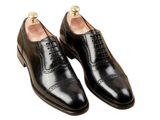 Handmade Black Genuine Leather Cap Toe Oxford Lace Up Office Dress Shoes For Men