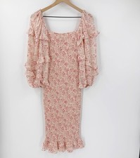 Petal  & Pup Leia Floral Midi Dress US 2 Pink Smocked Tea Length Spring Feminine