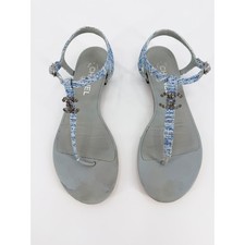 Chanel Pale Blue Tweed CC Logo Gripoix Stone Flat T-Strap Thong Sandals 40