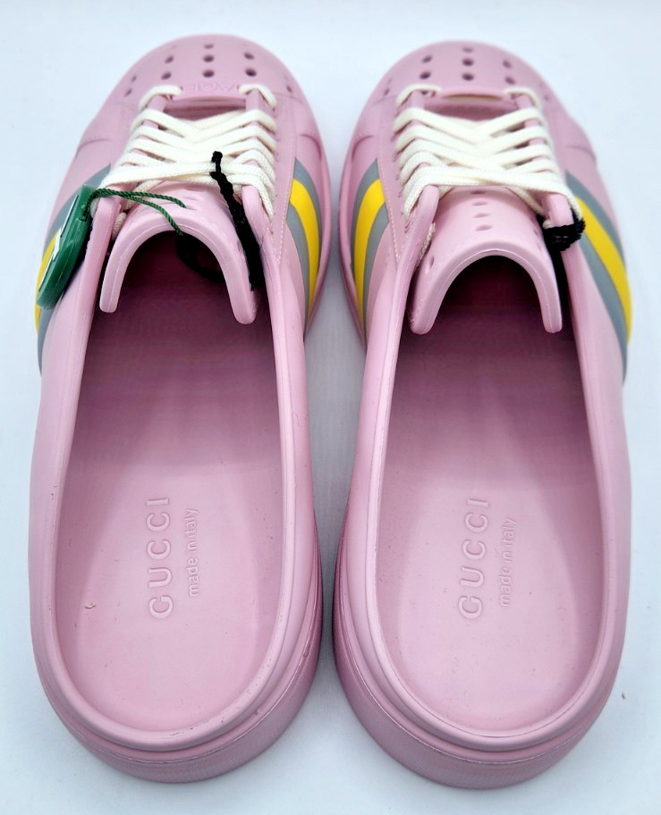 Authentic Gucci Ace Women's Web Rubber Mules Pink/Yellow EU38 US8 thumbnail 8