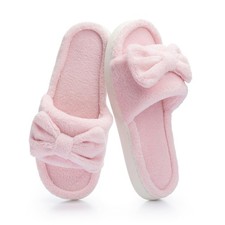 Womens Cute Bow Open-Toe Slippers Plush Faux Fur Lining Memory Foam Fuzzy Hou...