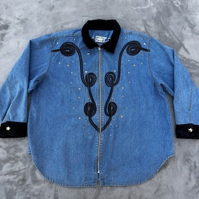 Vintage Monique Originals Jacket Womens 2X Denim Western Star Stud Velvet 90s