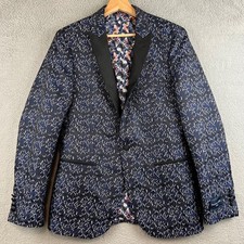 Paisley  Gray Mens Slim Fit Tuxedo Blazer Navy Blue Silver Floral Jacquard 36R