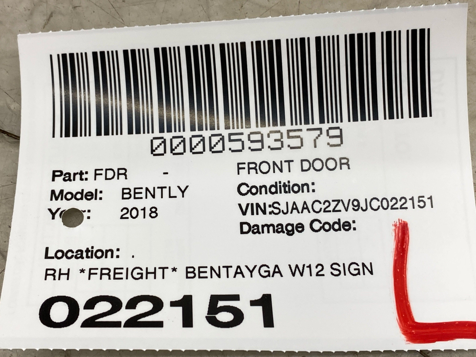 2016-2020 BENTLEY BENTAYGA OEM FRONT RIGHT PASS DOOR SHELL ONYX BLACK W/ HANDLE