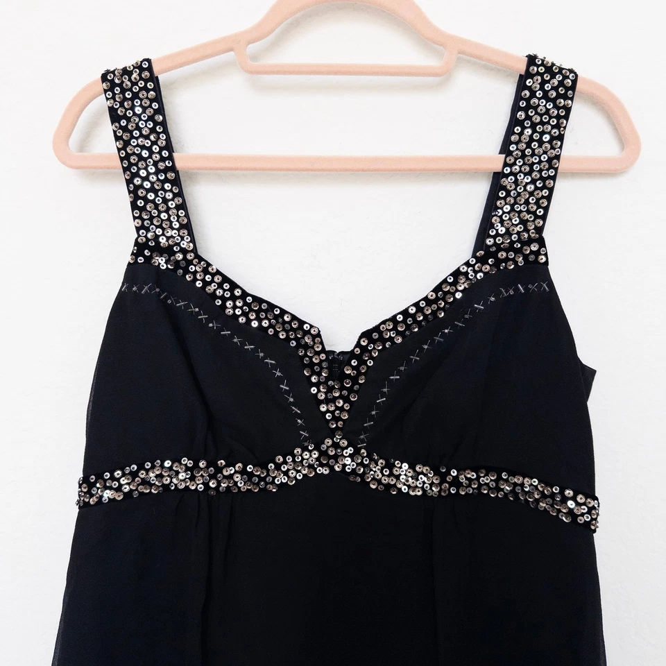 Top Babydoll Y2K Nanette Lepore Mujer Talla 6 Negro Seda Cuentas Fiesta Malla Glamour Foto 2 de 4