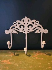 White Scroll Cast Iron Wall Triple Hook. Coat Hat Towels Jewelry. Heavy Duty