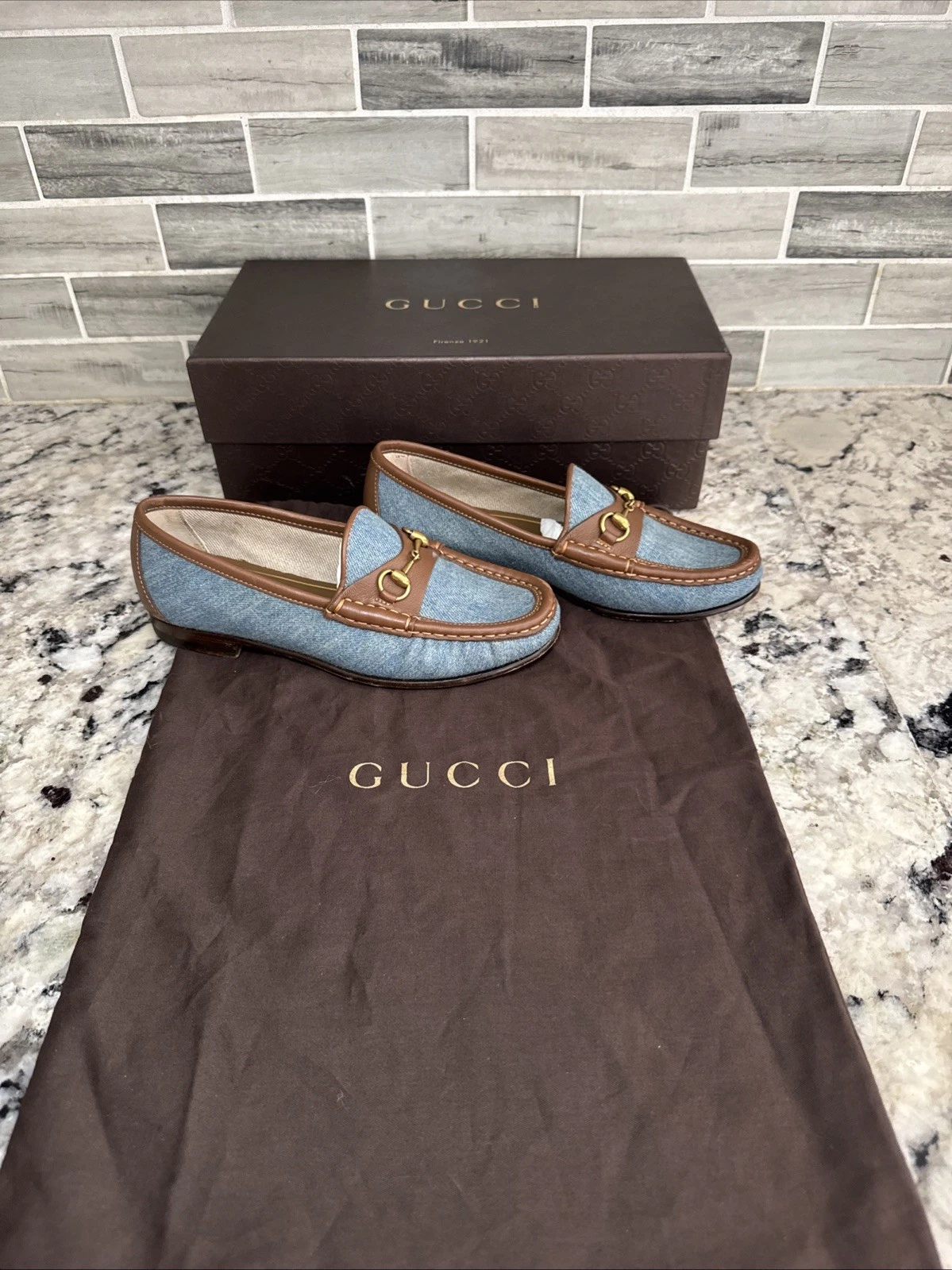 Mocassins Gucci chaussures cuir Horsebit 1953 bleu denim homme UK 2 US 4 EU 34