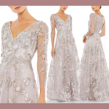 NWT $798 Mac Duggal [ 4 ] 20245 Applique Illusion Long Sleeve A Line Gown #S1604