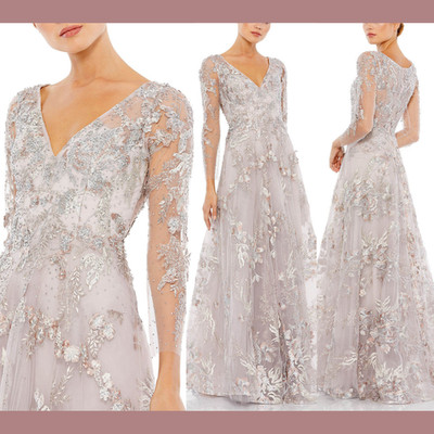 NWT $798 Mac Duggal [ 4 ] 20245 Applique Illusion Long Sleeve A Line Gown #S1604