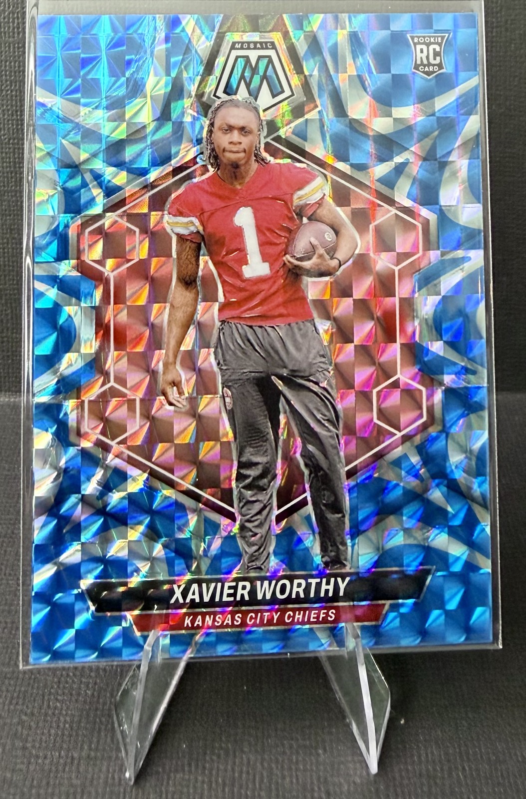 2024 Panini Mosaic - Rookies Xavier Worthy #328 Reactive Blue Mosaic Prizm (RC)