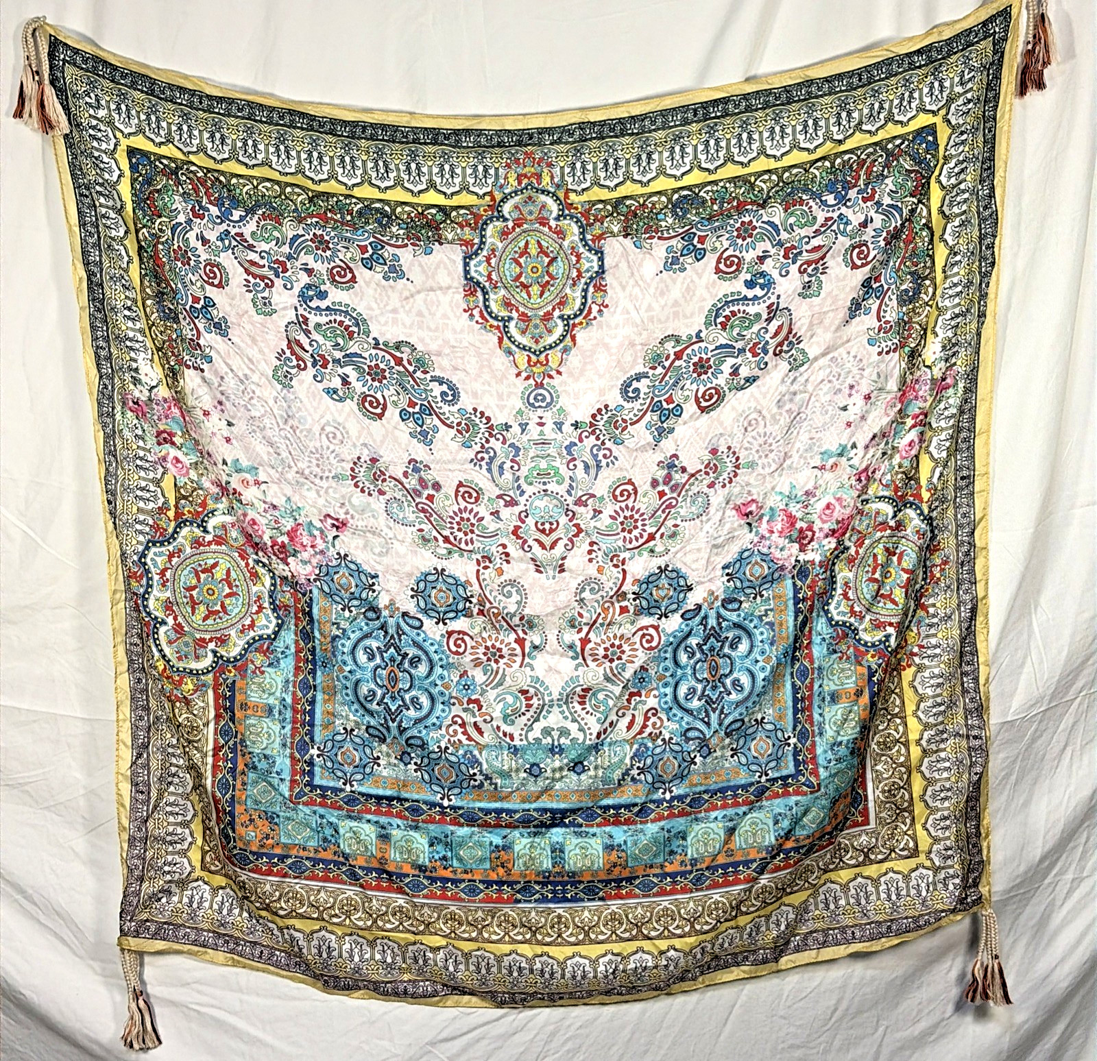 Johnny Was Silk Scarf 42” Floral Boho Shawl Tassel Corners 100% Silk Luxe