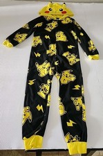 Pok mon Pikachu hooded one-piece pajama union suit in black and yellow fleece