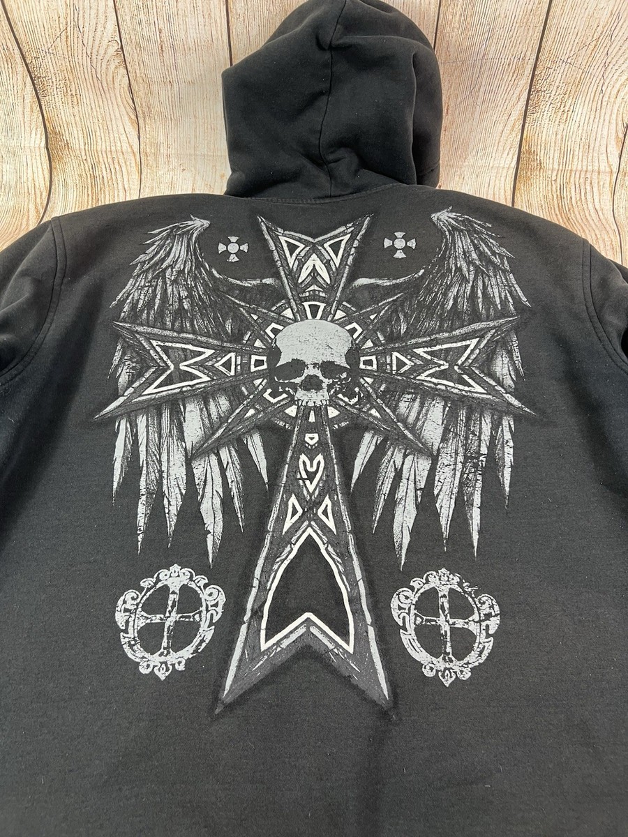 Hybrid Threads Y2K Skull Cross Wings Full Zip Hoodie Jacket Black