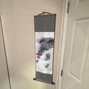 Japanese Hanging Scroll Wall Art Dragon & Sun Silk Fabric Gray White Black Red