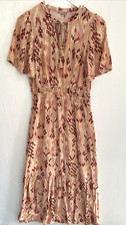KNOX ROSE Peach Geometric Print Maxi Dress Tie Neck Flutter Sleeves Smocked S