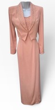 Vintage 90s Jovani Beaded Column Maxi Dress & Short Jacket 8 Peach Sheath